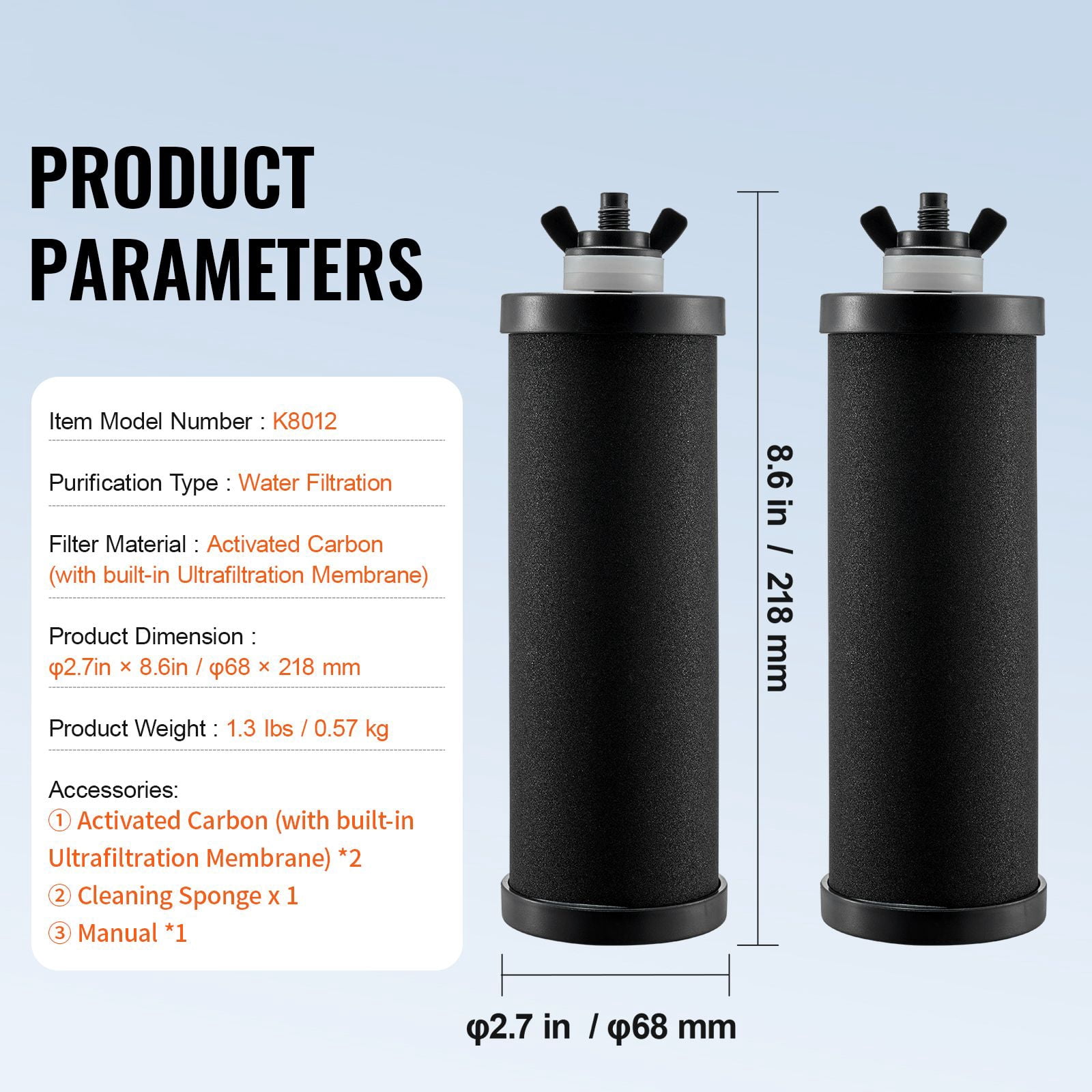 Replacement Water Filter Cartridges, 3-Stage Filtration with Food-Grade Coconut Activated Carbon, Removes 99.9% Chlorine and Heavy Metals, Compatible with Berkey Gravity Water Filter Systems
