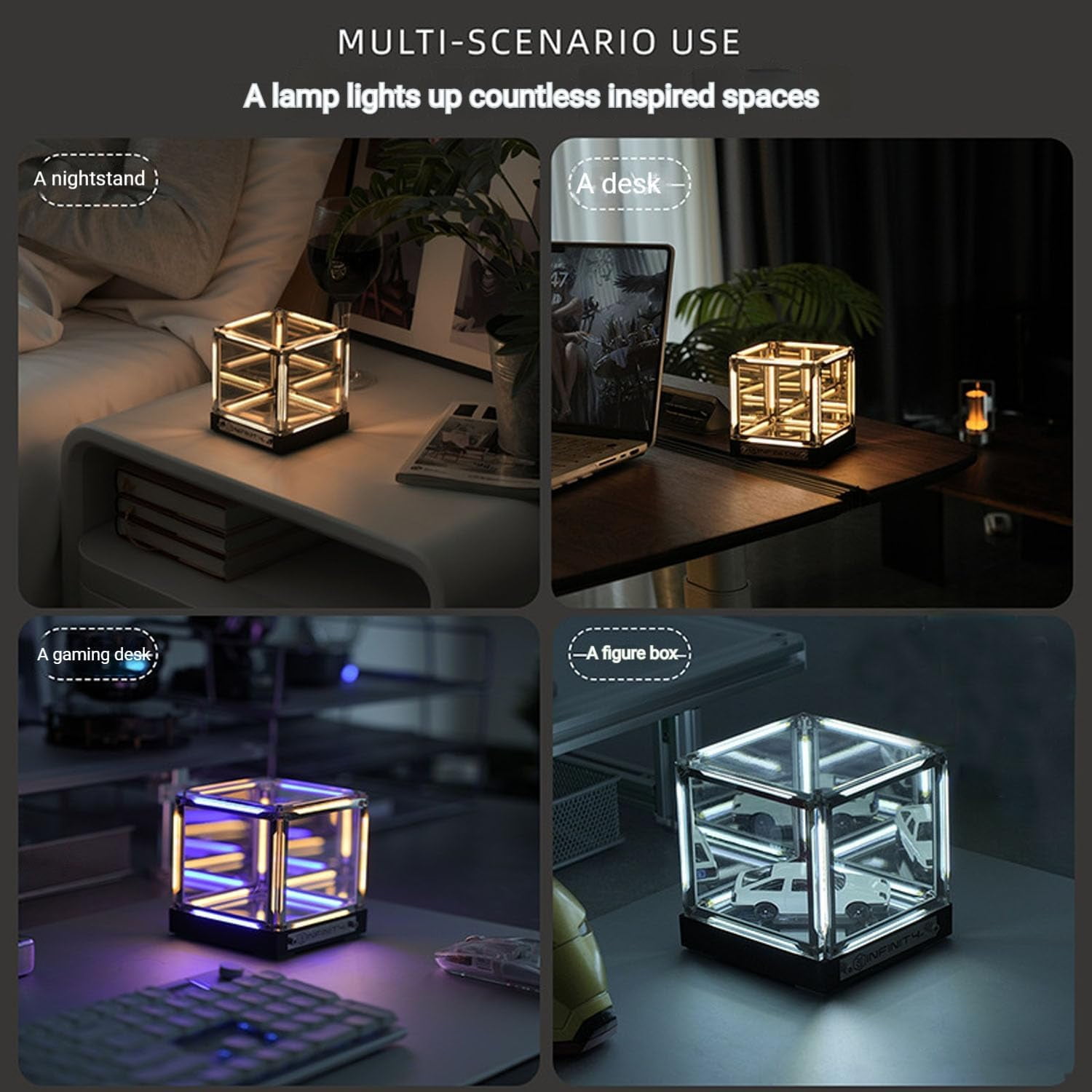 4D Infinite Space Abyss Lamp - Touch Dimming LED Hyper Cube, Rechargeable Wireless Night Light for Gaming Setup & Futuristic Room Décor (Blue, Stepless Dimming,1pics,X)