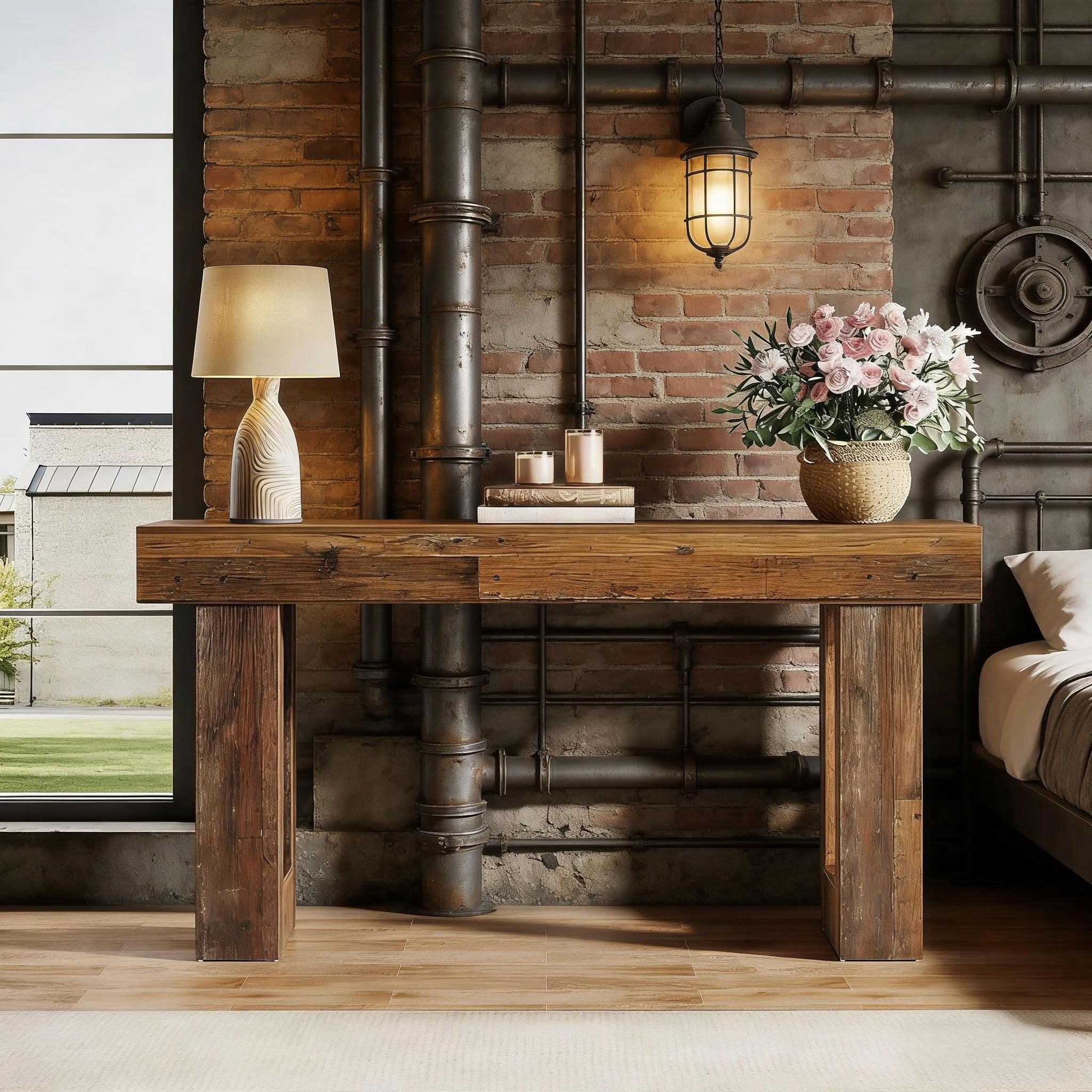 MAYEERTY Rustic Wood Console Table, 63-Inch Farmhouse Sofa Table for Entryway Hallway