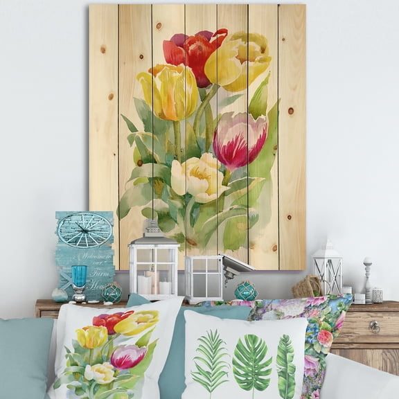 Designart 'Bouquet of Red and White Tulips' Traditional Print on Natural Pine Wood