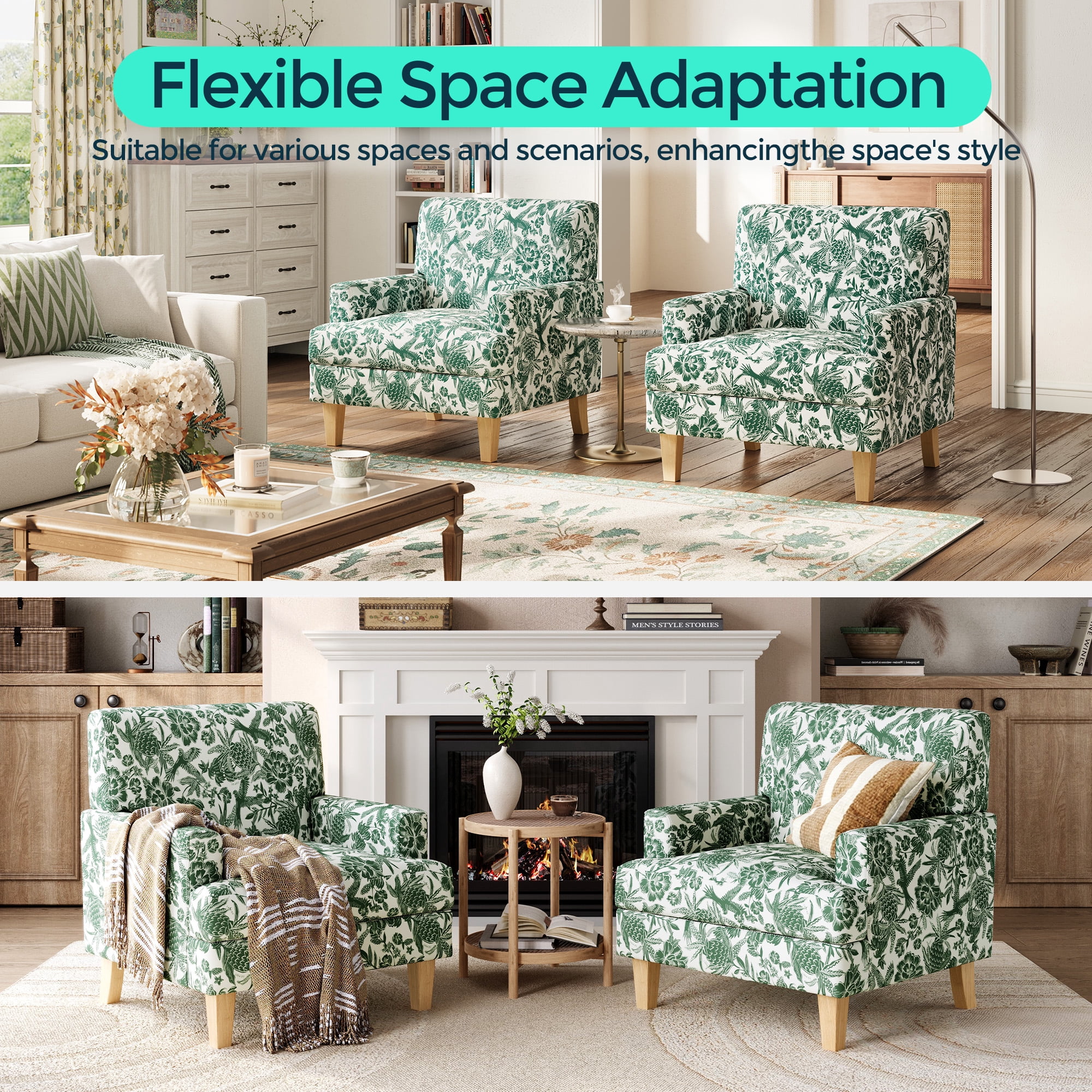 Linsy Home 30" Wide Traditional Tufted Upholstered Armchair Set of 2, Floral Accent Chair For Living Room, Bedroom, Reading, Green