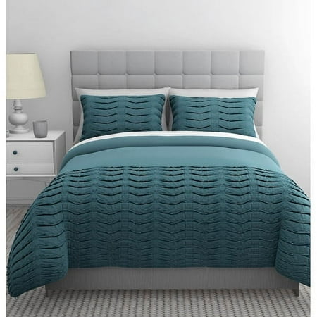 Pleated Tucks 3 Pc Duvet Set, Full- Blue