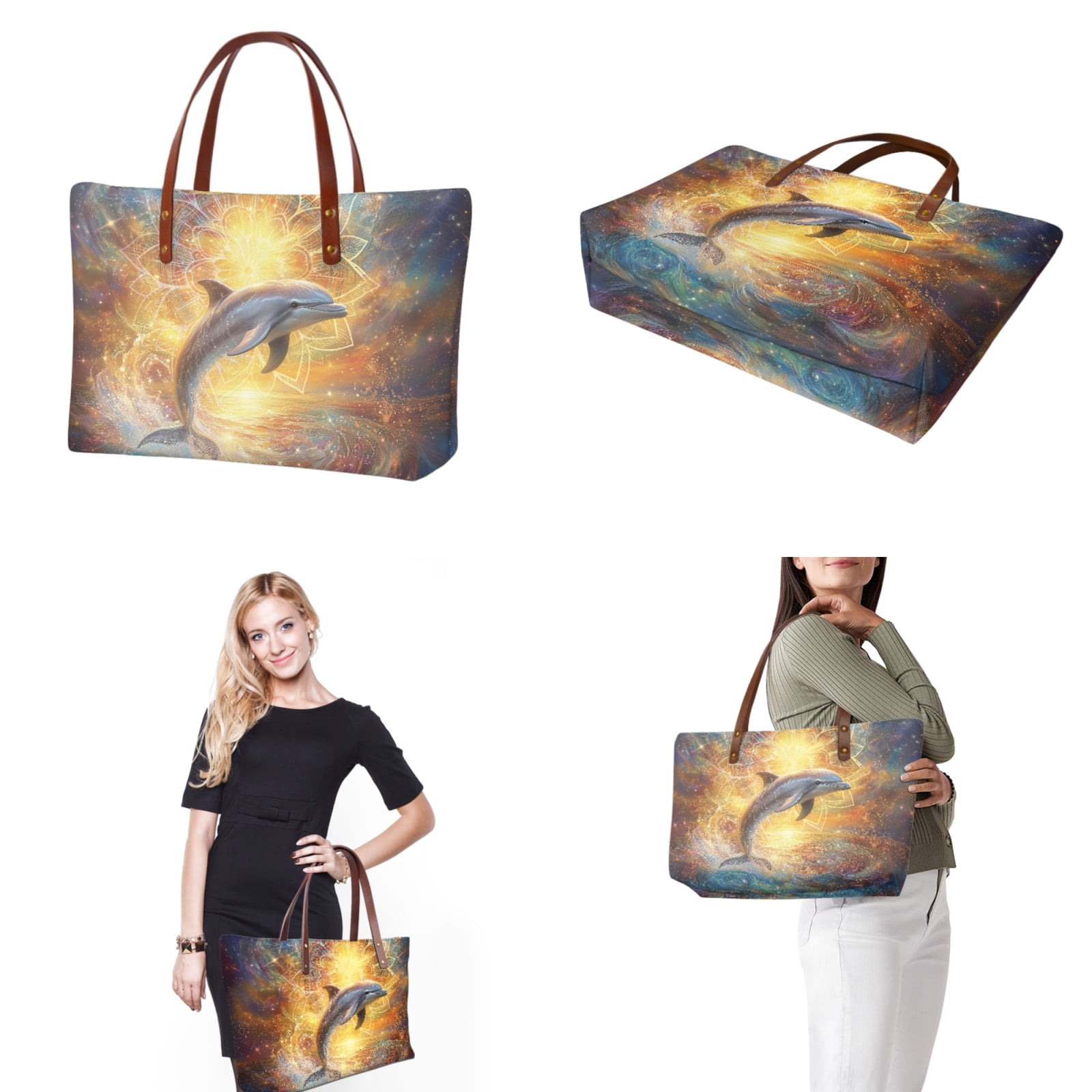 ZUXONGSY Boho Mandala Dolphin Print 2 Pieces Purses Top Handle Satchel for Women Large Top Handle Tote Bag Slim Wallet with Handle Portable Satchel Handbags Wallet for Shopping Outings