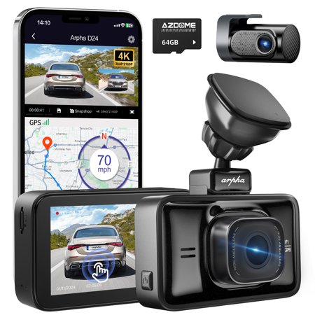 ARPHA 4K Dash Cam Front and Rear, Free 64GB Card, Built-in 5G WiFi GPS Car Camera, 3'' Touch Screen Voice Control, WDR Night Vision, Parking Mode G-Sensor Loop Recording