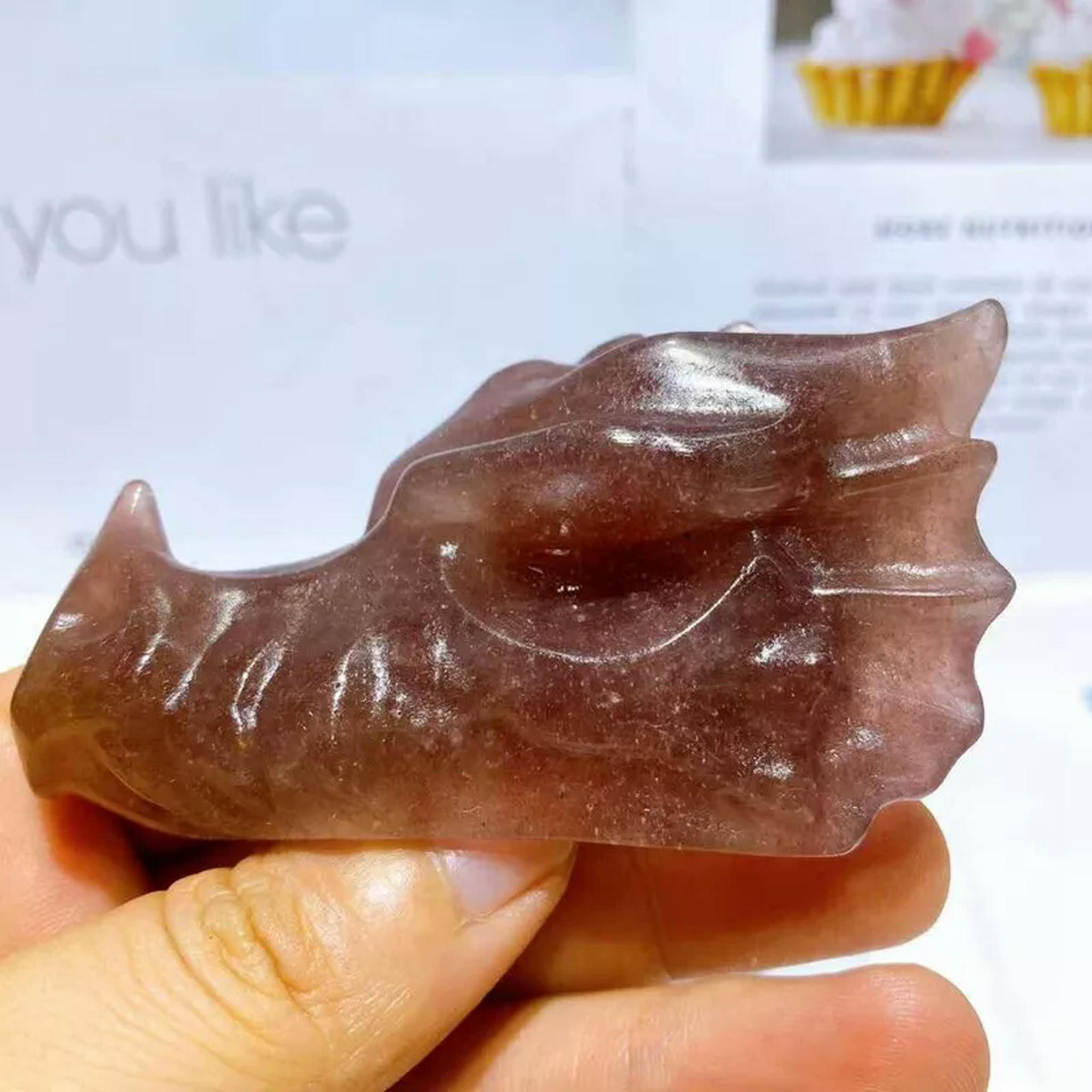 EOEMY 10Pcs Natural Quartz Strawberry Crystal Dragon Head Skull Mini Vivid Statue Gift