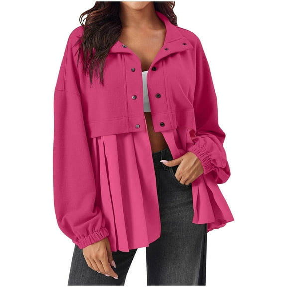 Drses Women's Long Sleeve Button Down Pleated Patchwork Casual Loose Sweatshirt Jacket