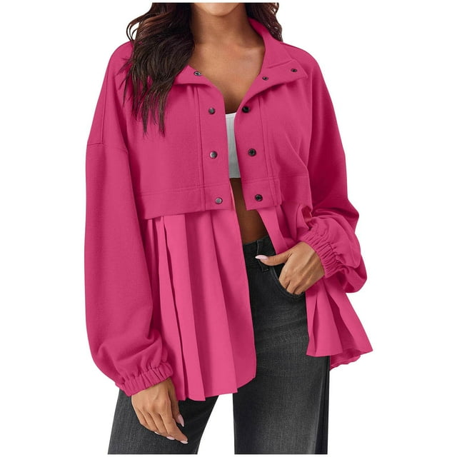 AherBiu Jackets for Women Button down Long Sleeve Ruched Patchwork Shirts Casual Loose Flowy Fall Outerwear