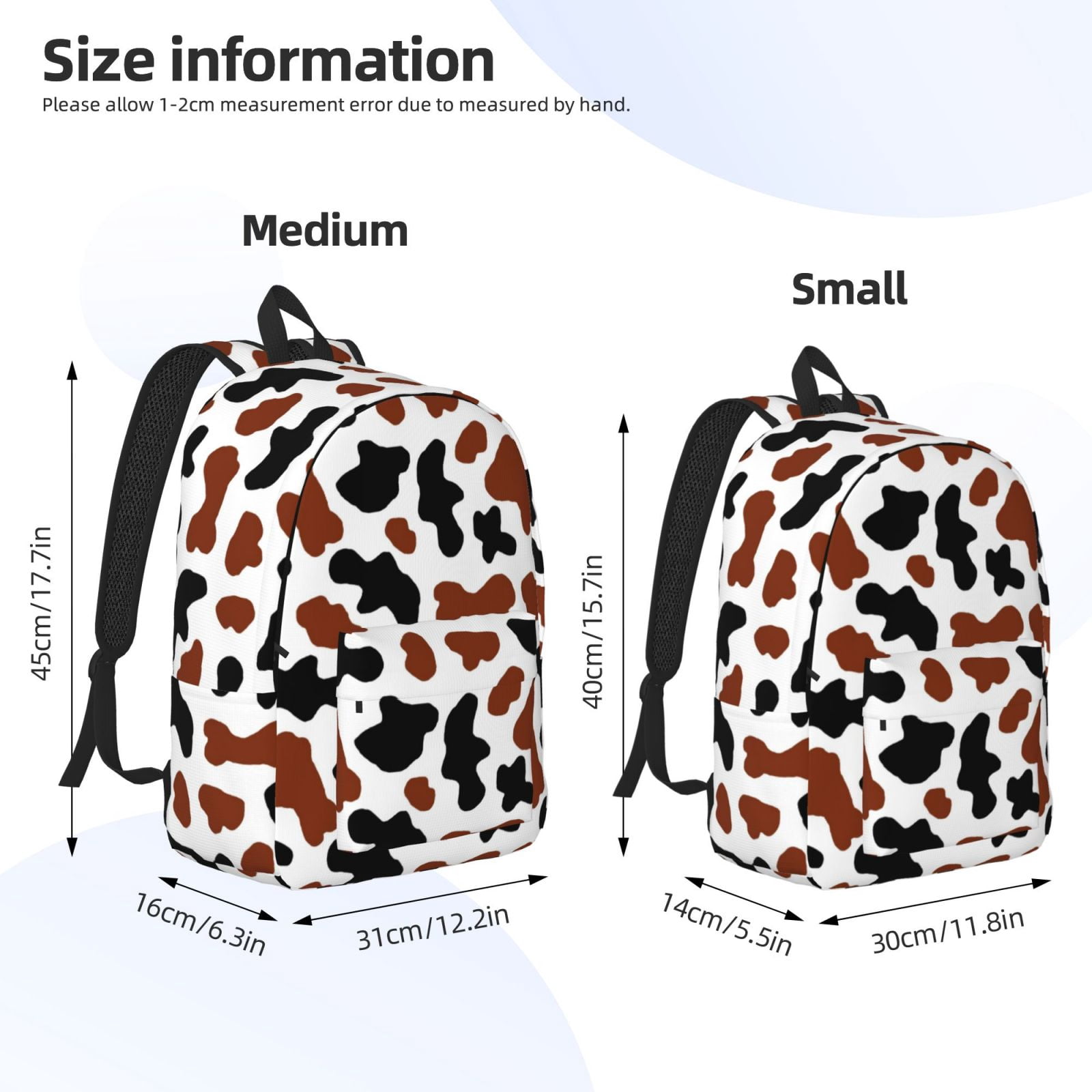 Picia Brown Black Cow Printed Canvas Daypack - Stylish and Durable Vintage Compact Backpack - Class, Work, Travel, or Laptop Bookbag,Organized Compartments-Medium