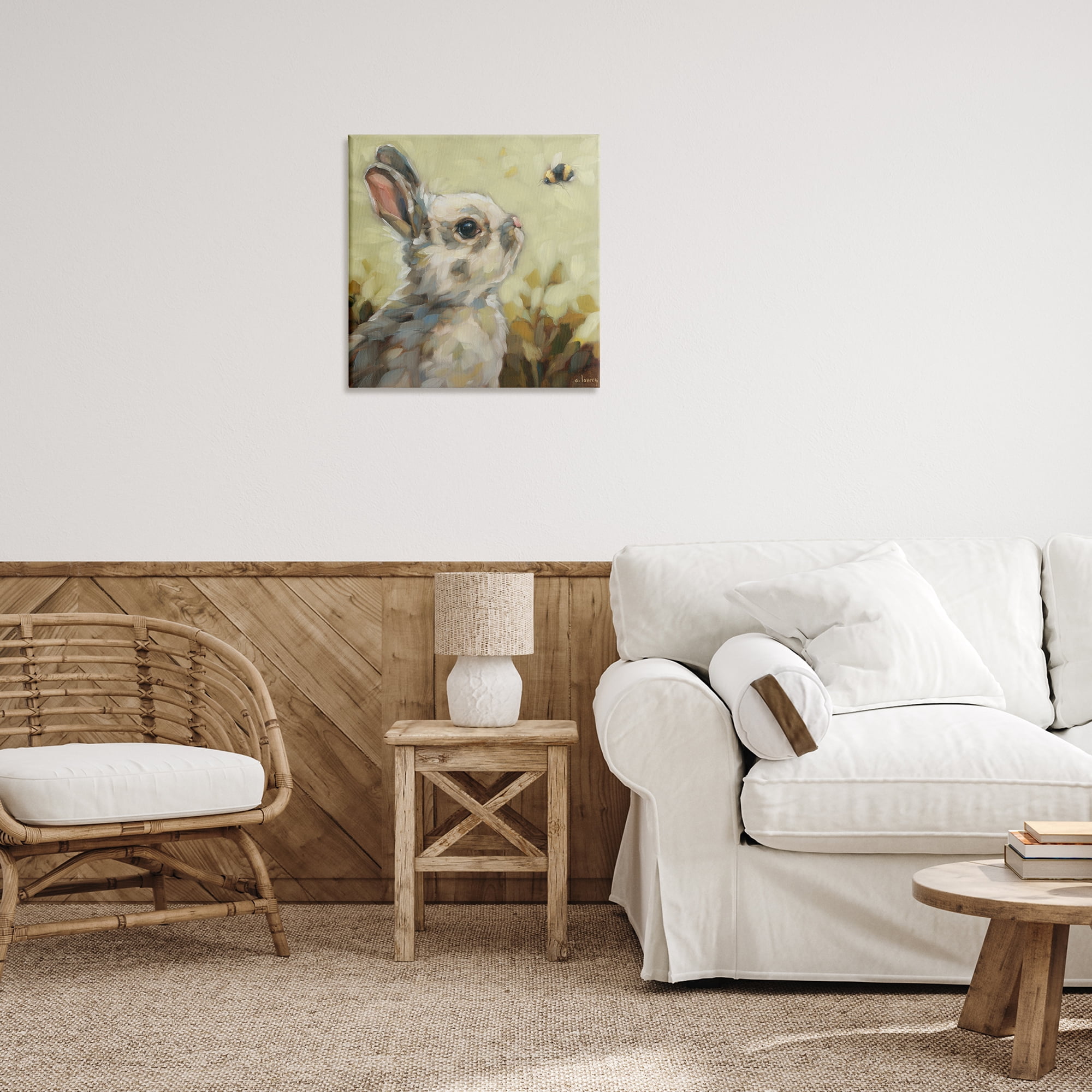 Stupell Industries Bunny Eyeing Bumble Bee Animals Painting Wrapped Canvas Art Print Wall Art, 24 x 24