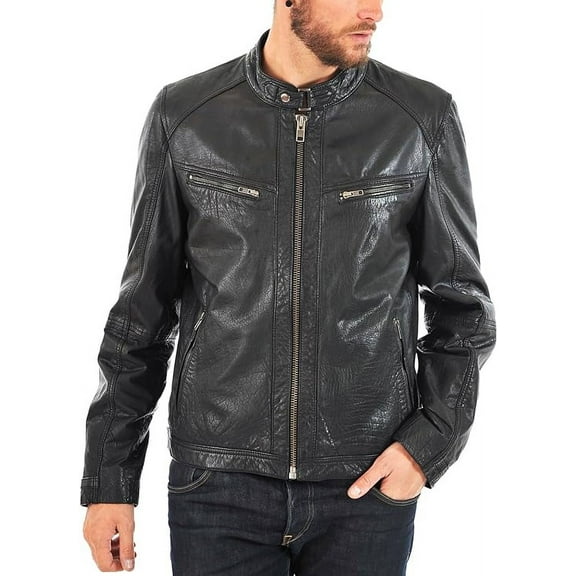 New Men's Genuine Lambskin Leather Jacket Black Belted Motorcycle Biker Jacket A041
