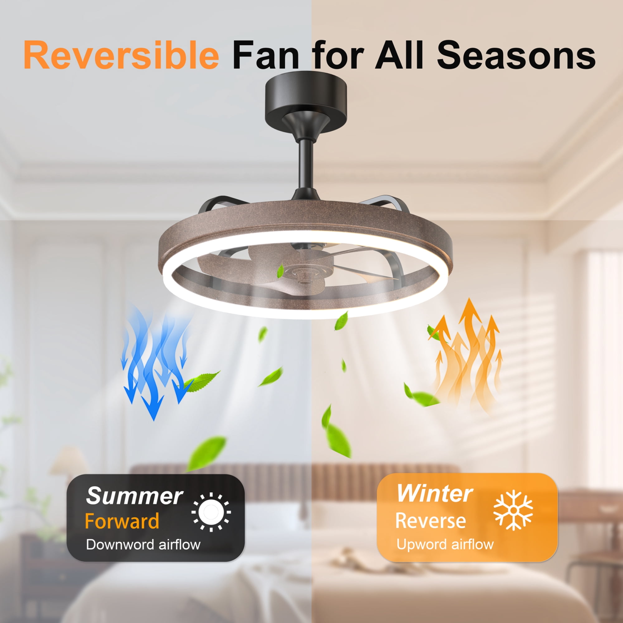Leumius 20.5" Rustic Brown Ceiling Fans with Lights Remote & APP Control, Downrod Mount Dimmable LED Fandelier, 6 Speeds Quiet DC Motor, Modern Ceiling Fan for Bedroom Living Room