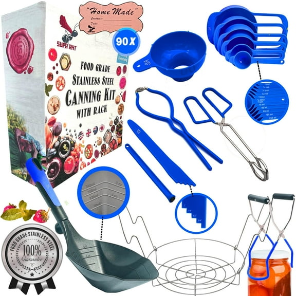 Supa Ant Blue Canning Supplies Starter Kit-10 pc. Canner Accessories with Canning Rack for Jars, XL Ladle, Wide Mouth Jar Funnel, Jar Lifter & Wrench, Bubble Popper/Measurer, Lid Lifter,Kitchen Tongs