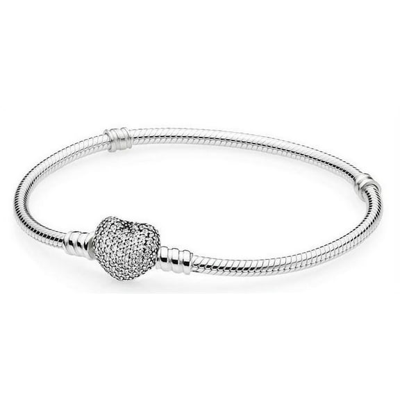 Pandora Moments Women's Sterling Silver Snake Chain Charm Bracelet with Pave Heart Clasp