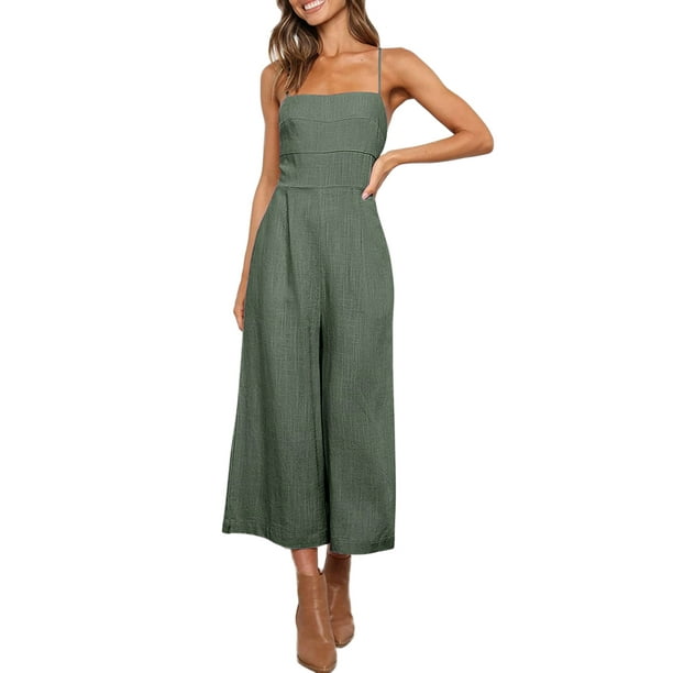 Txlixc Mono de verano para mujer Tirantes finos ajustables Cintura alta Pierna ancha Mono recortado Mamelucos con bolsillos Txlixc Estilo de ocio