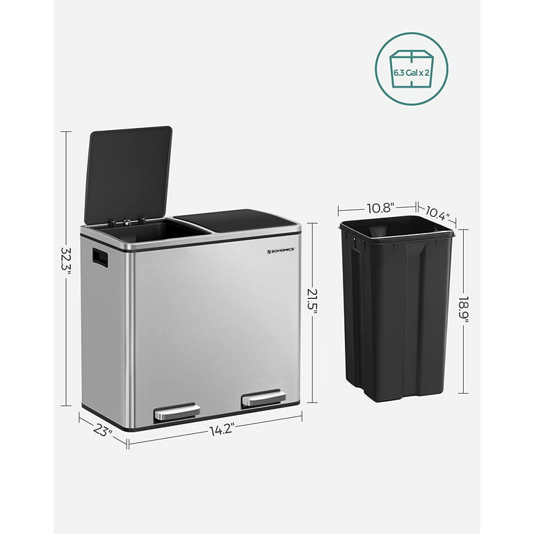 SONGMICS Trash Can 2 x 6.3-Gallon (2 x 24L) Dual Garbage Can Pedal Recycle  Bin with Lids and Inner Buckets for Small Kitchens Stainless Steel Soft  Closure Airtight Silver 