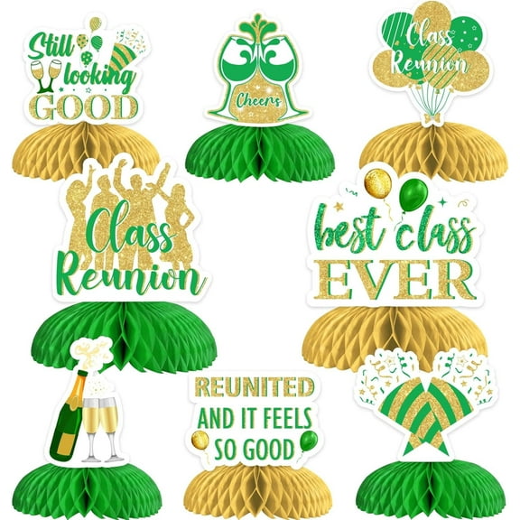 JOYMEMO 8Pcs Class Reunion Honeycomb Centerpieces Decorations Green Gold- Best Class Ever Table Topper, Double Sided Welcome Back Table Decor for High School Reunion 20th 30th 40th 50th