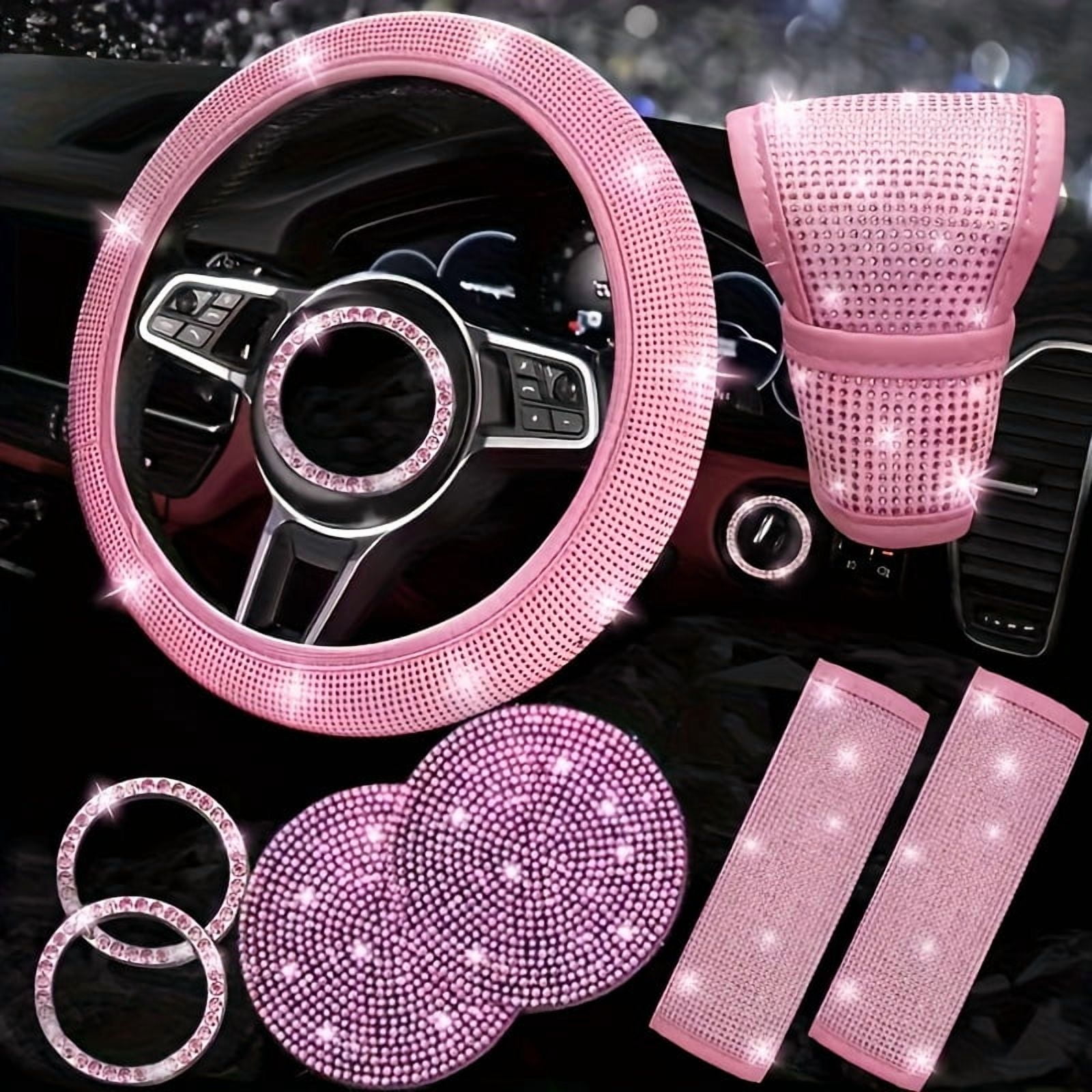 8pcs Bling Car Accessories for Women, Bling Steering Wheel Cover Bling Car Coasters Bling Set Seat Belt Shoulder Pads Ring Emblem Sticker Gear Shift Cover