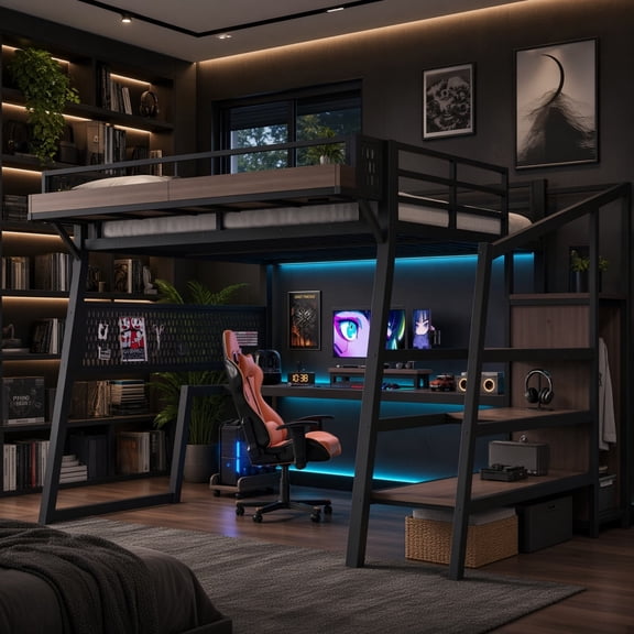 Full Size Gaming Loft Bed with Desk, Storage Stairs, Wardrobe, Shelves, Pegboard, USB Ports & LED Lights, Black