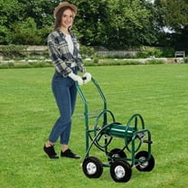 Dkeli Hose Reel Cart Heavy Duty Garden Hose Reel Cart 300ft Water Hose Holder, 5/8 inch Hose with Basket, Green
