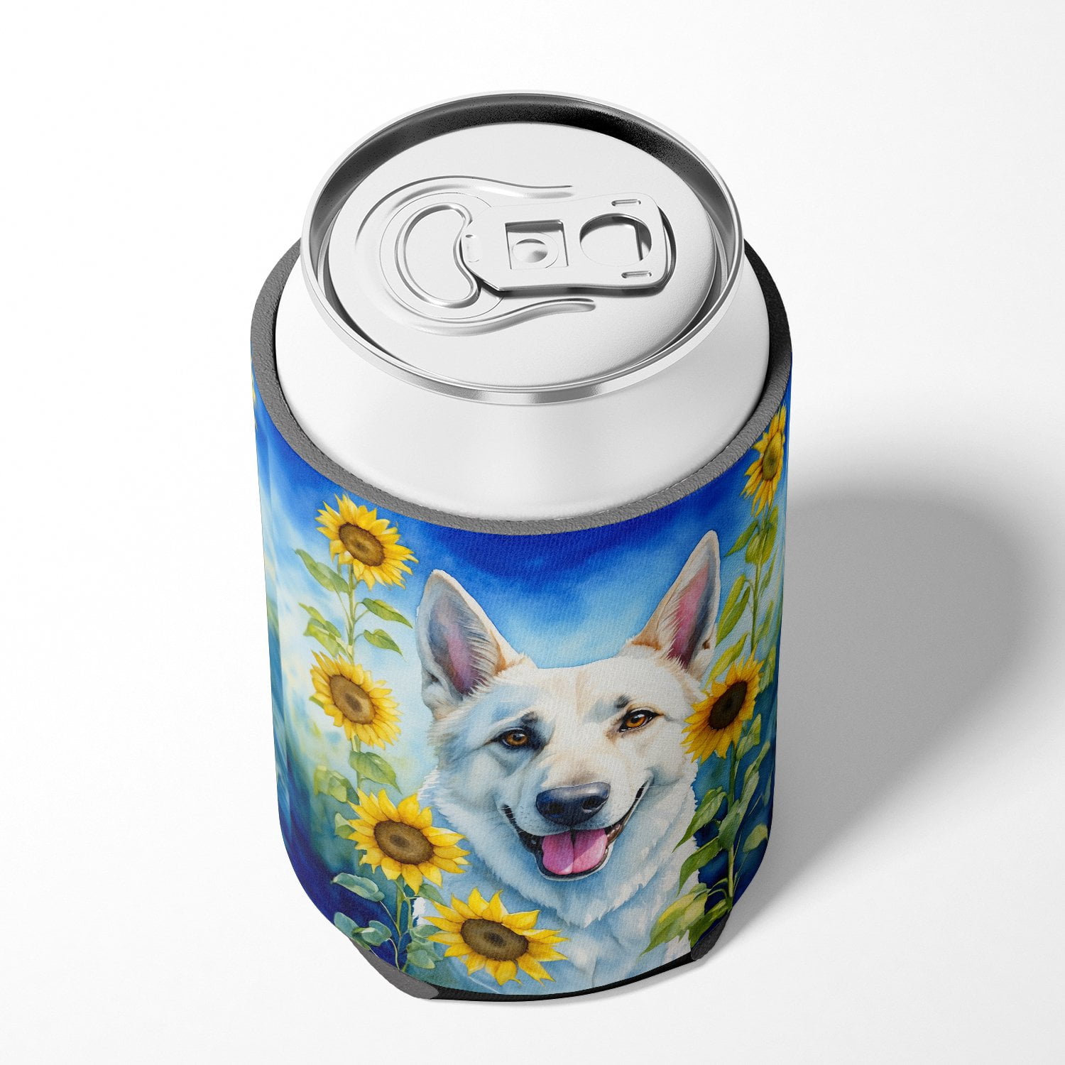 White German Shepherd in Sunflowers Can or Bottle Hugger 3 in x 5 in