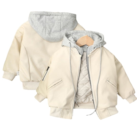 KYAIGUO Toddler Boys Girls Winter Leather Jacket Coat with Hooded Kids Faux Leather Outerwear Long-sleeved Padded Zipper Outwear for 9M-9Y
