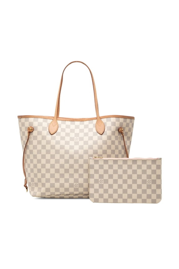 Pre-Owned Louis Vuitton Damier Azur Neverfull MM Tote Bag N41605 White Leather Women's LOUIS...