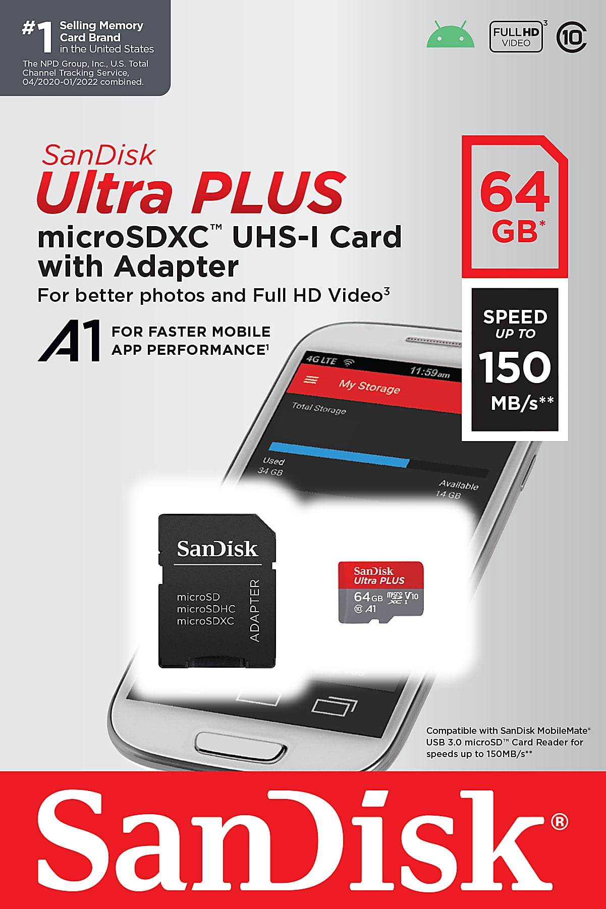 SanDisk Ultra PLUS 64GB Class 10 microSD MicroSDXC UHS-I Memory Card, 150MB/s U1 A1