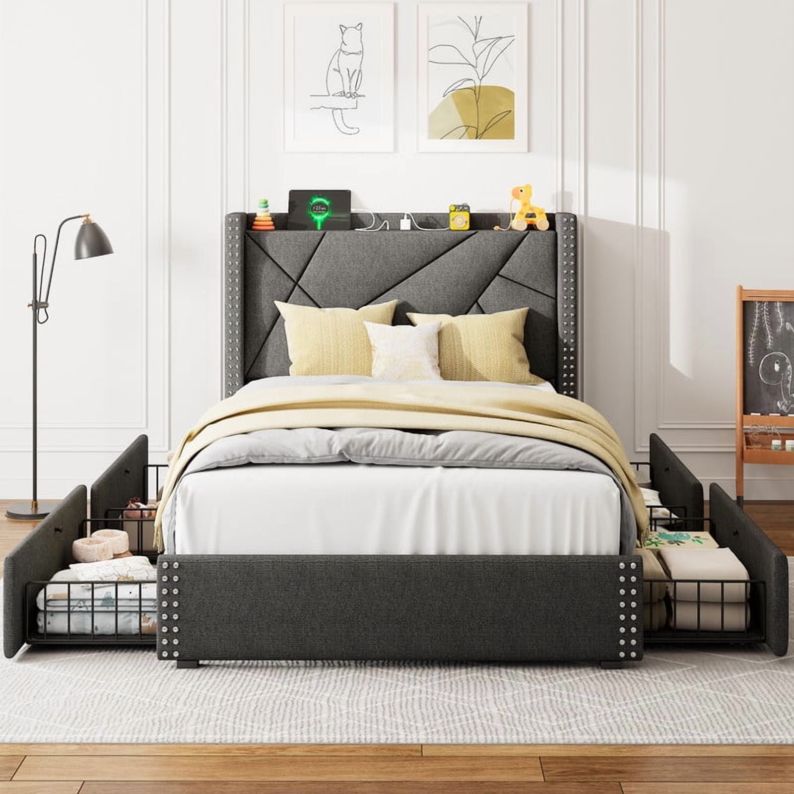 iPormis Twin Bed Frame with Charging Station & Wingback Upholstered Headboard, Platform Bed with 4 Storage Drawers , Solid Wood Slats Support, No Box Spring Needed, Dark Gray