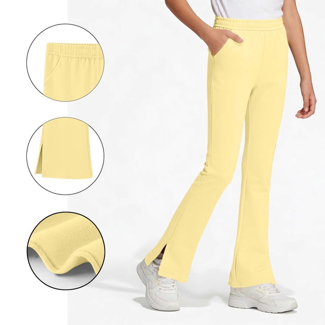 Pantalones de yoga acampanados de color liso para niñas, con bolsillos y cintura elástica, de poliéster, tallas medianas y grandes.
