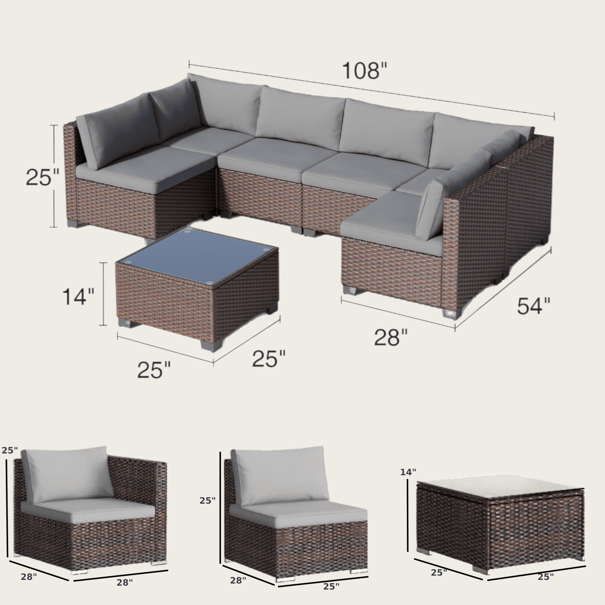 Lofka 14 Pieces Outdoor Patio Furniture Set with Chairs and Tempered Glass Table, Rattan and Metal, Suitable for Backyard, Porch & Poolside, Gray