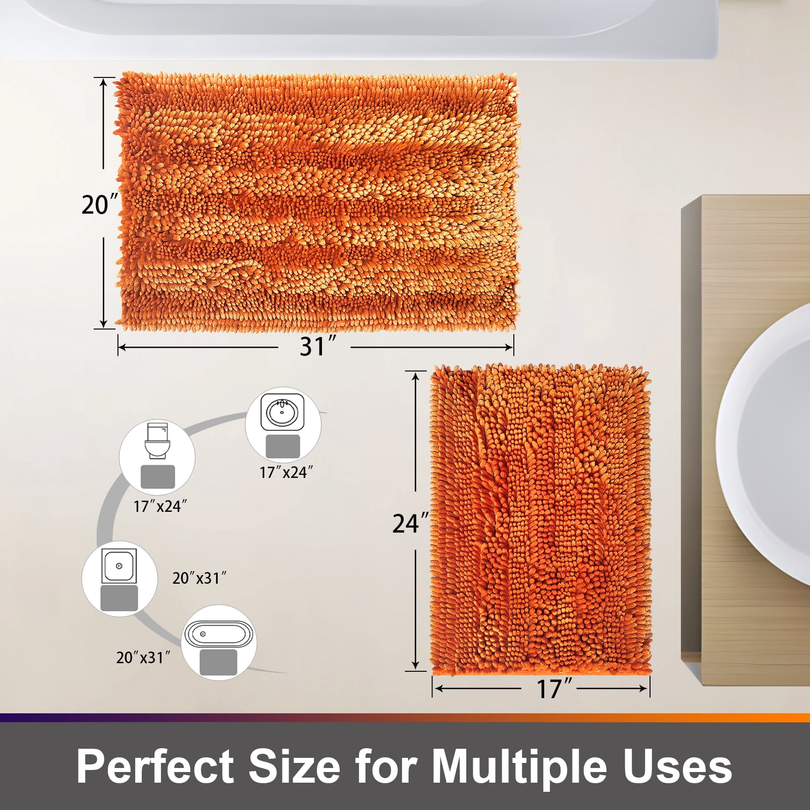 Civkor Bathroom Rugs, Bath Mats Set 2 Pieces Non Slip, 31x20 Plus 24x16Inch, Machine Washable, Soft Shiny Chenille and Quick Qry, Orange
