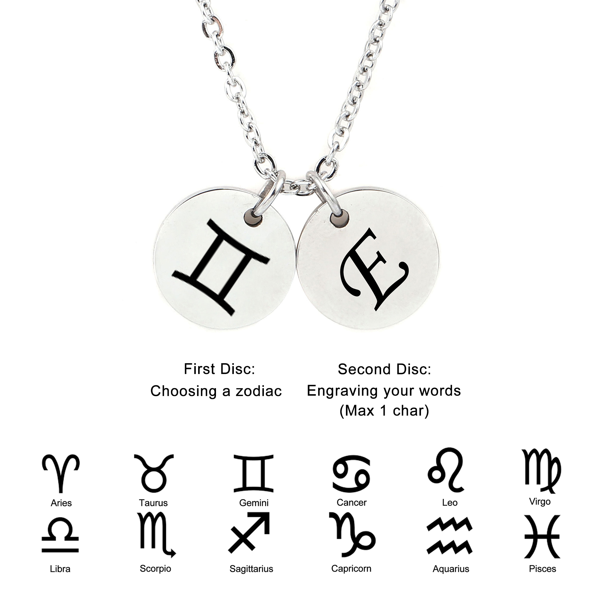 Personalized Round Constellation Initial Necklace - Engraved Zodiac Symbol Jewelry - Christmas Gift for Her - Stainless Steel - 18" Chain - Silver Gemini