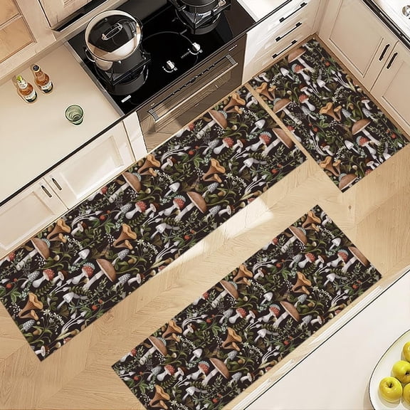 Vintage Kitchen Rug Sets 3 Piece, Boho Mushroom Kitchen Rugs and Mats Non Skid Washable, Soft and Non Slip Rubber Back Floor Mats for Hallway Entryway Laundry Room Black