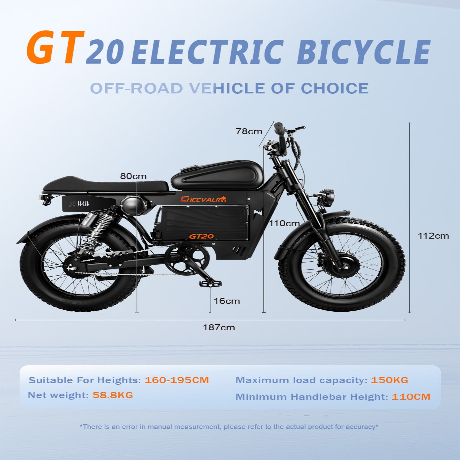 Cheevalry GT20 3000W Electric Dirt Bike, 60V 43AH, 20" x 4.5" Tires, 37MPH Speed, Off-Road Motorcycle