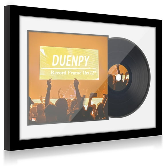 DUENPY Vinyl Record Display Frame 16x22 Inches, Display Record Album and 12x12 Album Cover Art Reversible Black/White Pads, Wall Mount