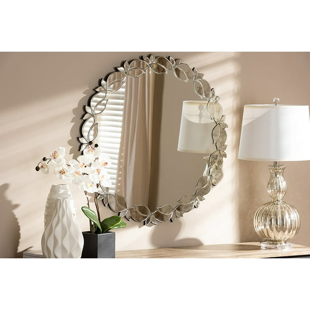 Baxton Studio Luiza Modern And Contemporary Silver Finished Round Petal Leaf Accent Wall Mirror Walmart Com Walmart Com