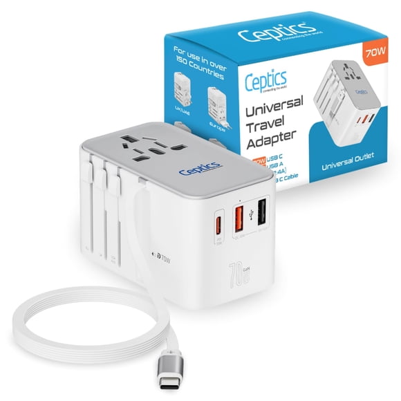 Adaptador de viaje Ceptics GAN de 70 W con cable USB-C de 65 cm, 2 unidades USB-A