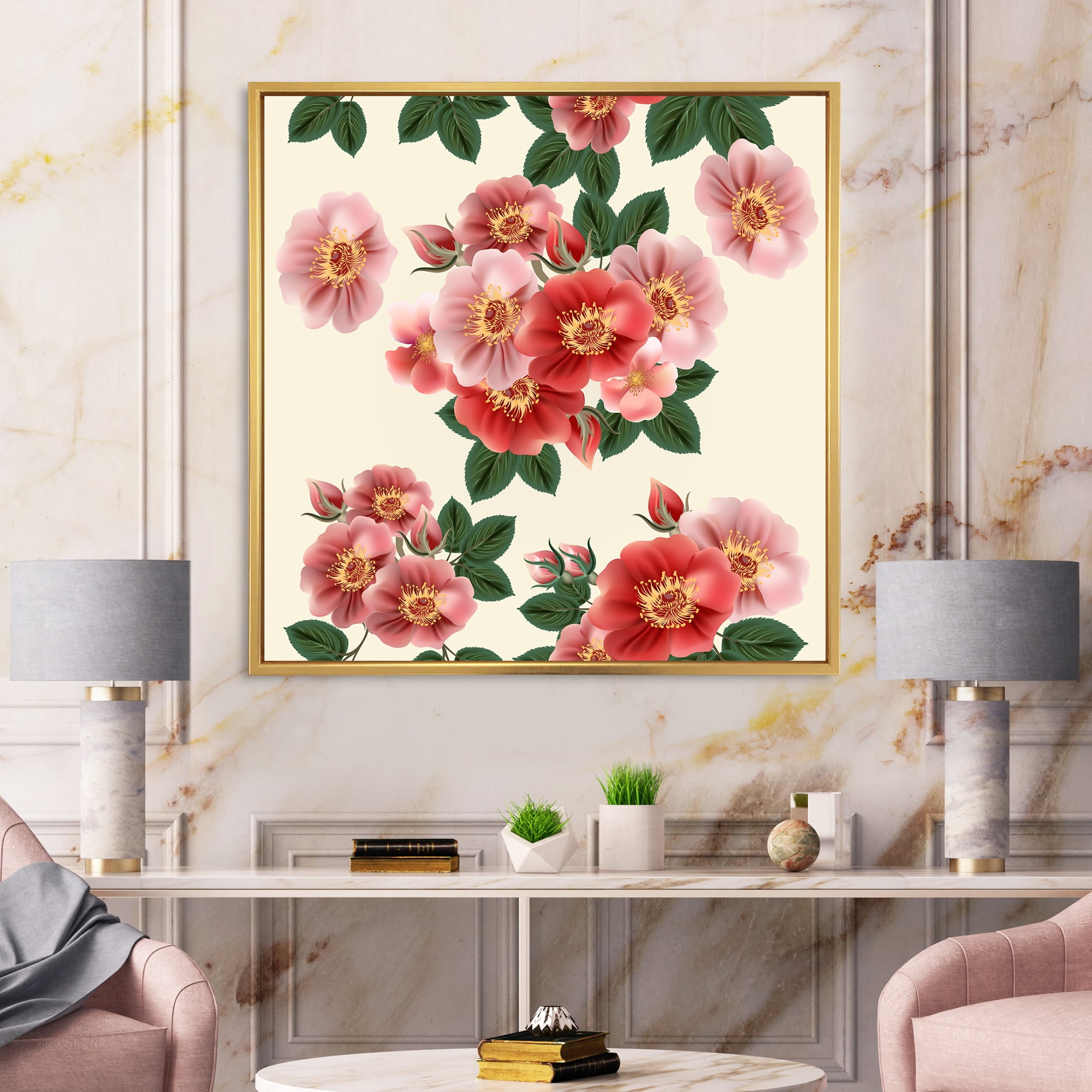 Designart 'Ancient Red Roses' Traditional Framed Canvas Wall Art Print