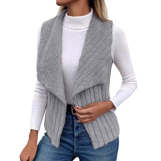 Xfvqtps Manteau Sans Manches Automne Hiver pour Femmes Cardigan Chaud Gris