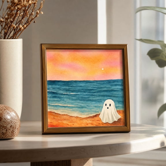 Ghost Illustration Halloween Wall Art with Wooden Frame, Country Halloween Gothic Cute Ghost Wall Decor Paintings, Retro Farmhouse Rustic Posters Prints Pictures for Living Room Bedroom Home Decor