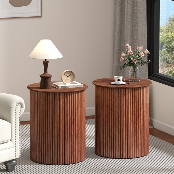YOCWO Small Round End tables Set of 2 for Living Room with fluted Design, Circle Bedside Table for Bedroom, Walnut