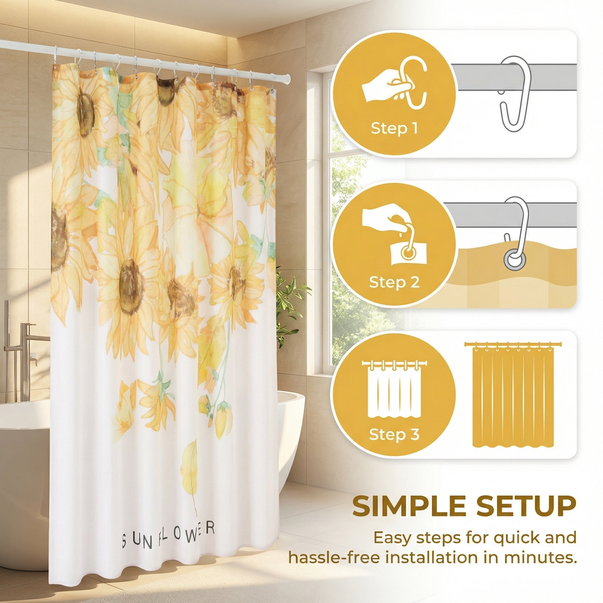 Unique Bargains Boho Floral Shower Curtain Sets with Hooks Yellow Sunflower 71"W x 71"L
