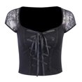 thumbnail image 3 of Camiseta negra para niñas, mujeres, con cordones, Top corto, camiseta de , cuello cuadrado, ropa de club, punk METRO Yinane Camisa de encaje de mujer, 3 of 8