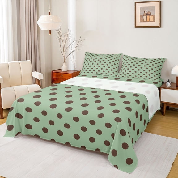 Homewish Green Brown Geometric Circle Boy Girl Twin Sheet Sets 3pcs,Polka Dots Twin Fitted Sheet Microfiber,Vintage Aesthetic Breathable Flat Sheet,Luxury Bedroom Decor