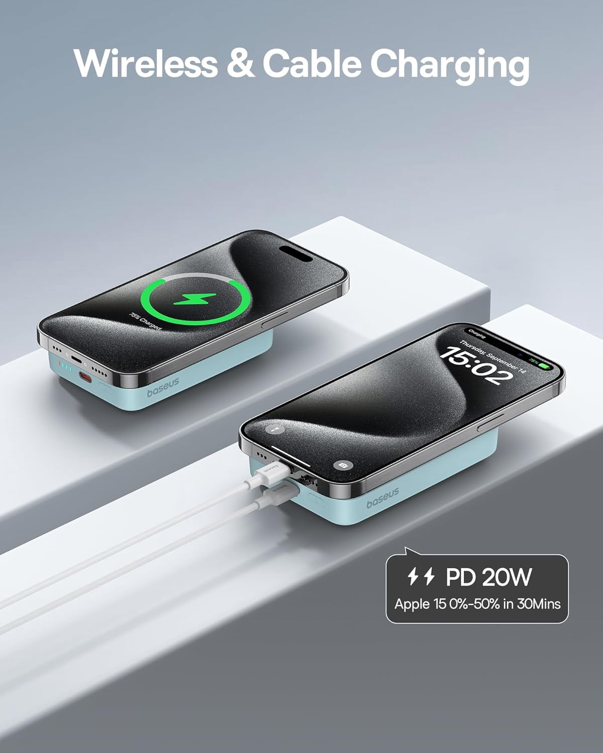 Baseus Magnetic 5000mAh Power Bank, Wireless Portable Charger for iPhone 17/16/15/14, Fast Charging Battery Pack, Blue