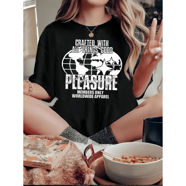 Chic Black & White Earth Print Tee for Women - Casual Crew Neck Short Sleeve, Stretchy Polyester Blend, Machine Washable - Perfect Summer Top