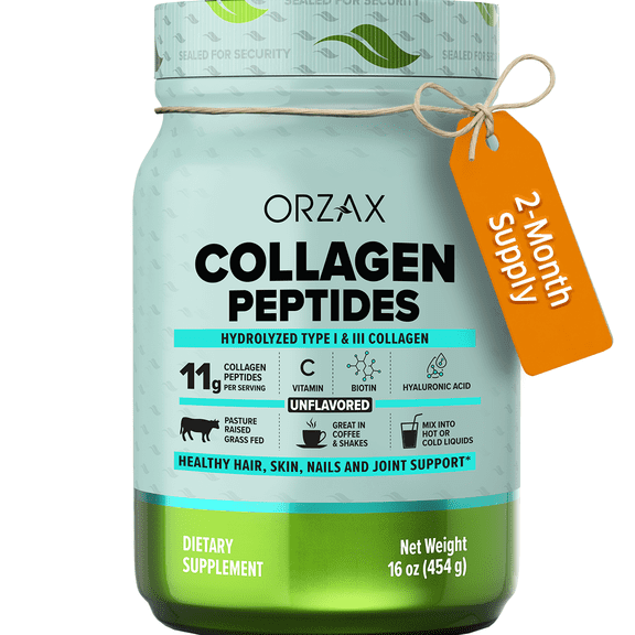 ORZAX Collagen Peptides Powder Unflavored - Hair, Skin and Nails Vitamins - Bone & Joint Support Supplement - Collagen Drink Mix - Collagen Powder For Women & Man (16oz)