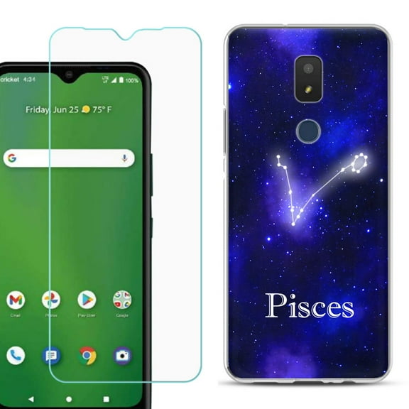 Slim-Fit TPU Fashion Phone Case for Cricket Icon 3, with Tempered Glass Screen Protector, by OneToughShield ® - Zodiac / Pisces