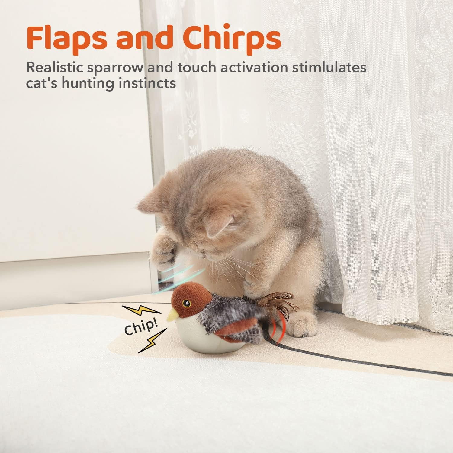 Cat Toys Rechargeable Flapping Bird Sparrow, Lifelike Chirp Tweet, Touch Activated Kitten Toy Interactive Cat Exercise Toys for All Breeds Cat Kicker Catnip Toys 4.0 Inches