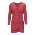 thumbnail image 5 of SMihono Fashion Women Trendy Plunge Ruched Long Sleeve Bodycon Dress V Neck Surplice Wrap Slim Mini Party Dress Bodycon Mini Dress Pink 4, 5 of 6